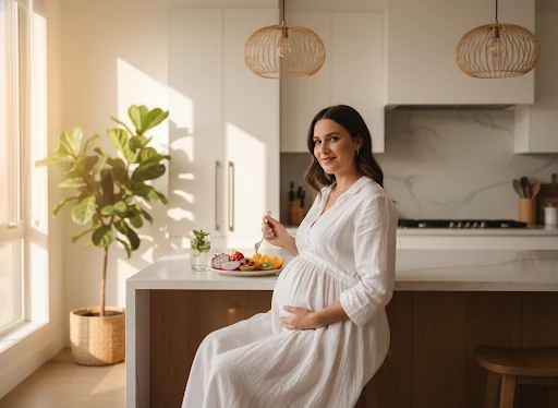 Pregnant woman smiling with fruit plate