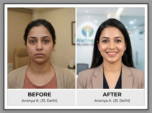 Grid-style transformation photography for a health brand. Before and after portraits of Ananya K., a 31-year-old Indian woman from Delhi. Left: before, Right: after (Hormonal symptoms reduced). Glowing skin, healthy appearance. Authentic, real-person feel, professional lighting. High-end health clinic aesthetic.