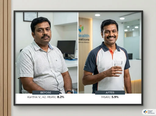 Grid-style transformation photography for a health brand. Before and after portraits of Karthik V., a 42-year-old Indian man from Chennai. Left: before, Right: after (HbA1c dropped from 8.2 to 5.9). Looking healthier and more energetic. Authentic, real-person feel, professional lighting. High-end health clinic aesthetic.