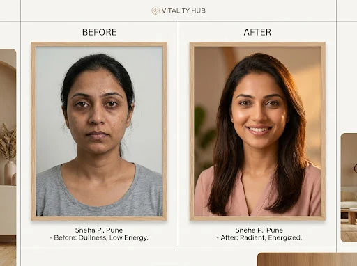 Grid-style transformation photography for a health brand. Before and after portraits of Sneha P., a 26-year-old Indian woman from Pune. Left: before, Right: after (Cleared skin, better energy). Glowing skin and vibrant look. Authentic, real-person feel, professional lighting. High-end health clinic aesthetic.