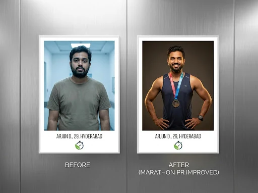 Grid-style transformation photography for a health brand. Before and after portraits of Arjun D., a 29-year-old Indian man from Hyderabad. Left: before, Right: after (Marathon PR improved). Looking athletic and determined. Authentic, real-person feel, professional lighting. High-end health clinic aesthetic.