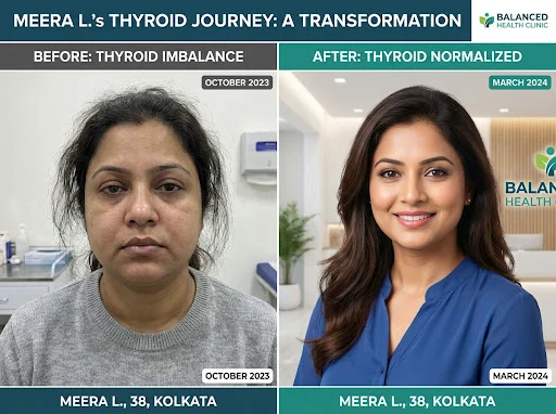 Grid-style transformation photography for a health brand. Before and after portraits of Meera L., a 38-year-old Indian woman from Kolkata. Left: before, Right: after (Thyroid normalized). Healthy and balanced appearance. Authentic, real-person feel, professional lighting. High-end health clinic aesthetic.