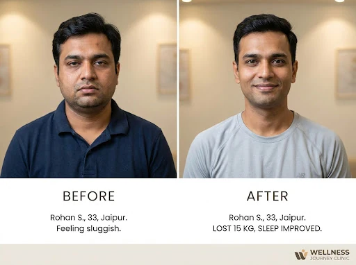 Grid-style transformation photography for a health brand. Before and after portraits of Rohan S., a 33-year-old Indian man from Jaipur. Left: before, Right: after (Lost 15 kg, sleep improved). Looking rested and fit. Authentic, real-person feel, professional lighting. High-end health clinic aesthetic.