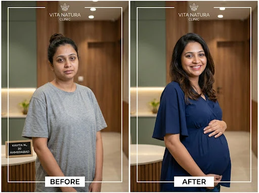 Grid-style transformation photography for a health brand. Before and after portraits of Kavita N., a 30-year-old Indian woman from Ahmedabad. Left: before, Right: after (Healthy pregnancy journey). Radiant and healthy look. Authentic, real-person feel, professional lighting. High-end health clinic aesthetic.